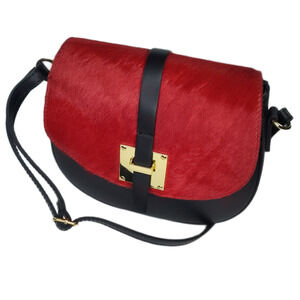 Charlie Leather Mack Black Leather & Red Fur Small Half Moon Crossbody-NWT